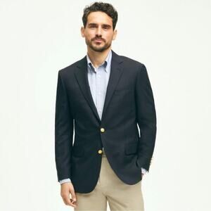 Brooks Brothers x Loro Piana Wool Brooksease Blue Blazer Coat Gold Buttons 42R